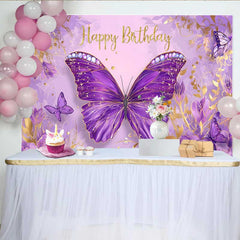 Lofaris Purple Jeweled Butterfly Birthday Backdrop, Gold Glitter Text Floral Background, Girl Princess Party Banner