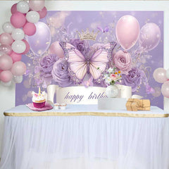 Lofaris Lavender Butterfly Crown Birthday Backdrop, Ribbon Banner Balloon Background, Girl Princess Party Decoration