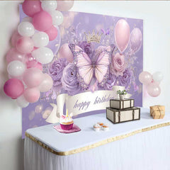 Lofaris Lavender Butterfly Crown Birthday Backdrop, Ribbon Banner Balloon Background, Girl Princess Party Decoration