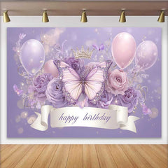 Lofaris Lavender Butterfly Crown Birthday Backdrop, Ribbon Banner Balloon Background, Girl Princess Party Decoration