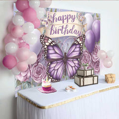 Lofaris Purple Monarch Butterfly Birthday Backdrop, Balloon Floral Scroll Banner Background, Girl Cake Table Prop