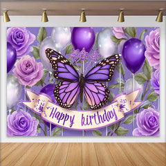 Lofaris Deep Purple Butterfly Birthday Backdrop, Balloon Floral Cake Smash Background, Girl Party Photography Prop