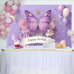 Lofaris 3D Style Purple Butterfly Birthday Backdrop, Crown Balloon Princess Background, Girl Cake Table Decoration