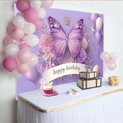 Lofaris 3D Style Purple Butterfly Birthday Backdrop, Crown Balloon Princess Background, Girl Cake Table Decoration