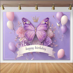 Lofaris 3D Style Purple Butterfly Birthday Backdrop, Crown Balloon Princess Background, Girl Cake Table Decoration