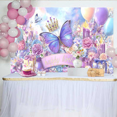 Lofaris Magical Blue Purple Butterfly Birthday Backdrop, Crown Gift Box Party Background, Girl Princess Photo Prop