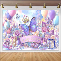 Lofaris Magical Blue Purple Butterfly Birthday Backdrop, Crown Gift Box Party Background, Girl Princess Photo Prop