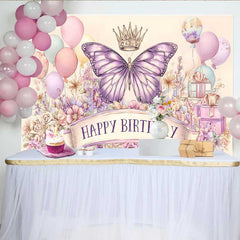 Lofaris Artistic Pink Purple Butterfly Birthday Backdrop, Crown Balloon Sketch Background, Girl Party Photo Banner