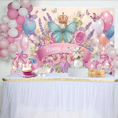 Lofaris Teal Butterfly Pink Bow Birthday Backdrop, Crown Balloon Floral Background, Girl Princess Party Decoration