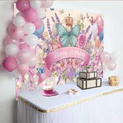Lofaris Teal Butterfly Pink Bow Birthday Backdrop, Crown Balloon Floral Background, Girl Princess Party Decoration