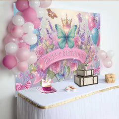 Lofaris Blue and Pink Butterfly Birthday Backdrop, Floral Crown Sparkle Background, Girl Fairy Princess Party Banner