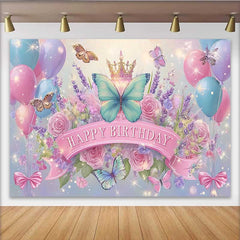 Lofaris Blue and Pink Butterfly Birthday Backdrop, Floral Crown Sparkle Background, Girl Fairy Princess Party Banner