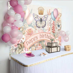 Lofaris Pastel Butterfly Floral Birthday Backdrop, Gold Crown Spring Garden Background, Girl Party Photography Prop