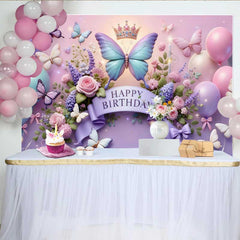 Lofaris 3D Purple and Blue Butterfly Birthday Backdrop, Crown Floral Balloon Background, Girl Princess Party Prop
