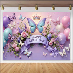 Lofaris 3D Purple and Blue Butterfly Birthday Backdrop, Crown Floral Balloon Background, Girl Princess Party Prop