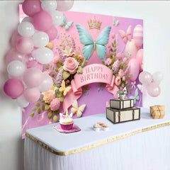 Lofaris 3D Mint and Pink Butterfly Birthday Backdrop, Striped Balloon Floral Background, Girl Sweet Bday Banner