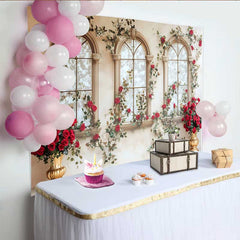 Lofaris Red Rose Window Arch Backdrop, Gold Vase Floral Wedding Background, Valentines Day Photo Shoot Prop