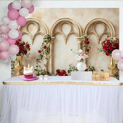 Lofaris Gold Gothic Arch Red Rose Backdrop, Floral Vase Wedding Background, Valentines Day Photography Prop