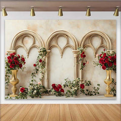 Lofaris Gold Gothic Arch Red Rose Backdrop, Floral Vase Wedding Background, Valentines Day Photography Prop
