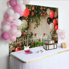 Lofaris Ladybug Birthday Backdrop, Red Black Balloon Garden Fence Background, Girl 1st Bday Cake Smash Prop