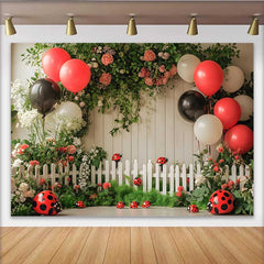 Lofaris Ladybug Birthday Backdrop, Red Black Balloon Garden Fence Background, Girl 1st Bday Cake Smash Prop