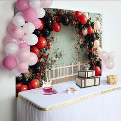 Lofaris Ladybug Garden Birthday Backdrop, Floral Balloon Fence Background, Girl 1st Bday Photography Prop