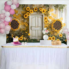 Lofaris Photography Backdrop, Sunflower Honeycomb Bee Theme Rustic Door Cake Smash