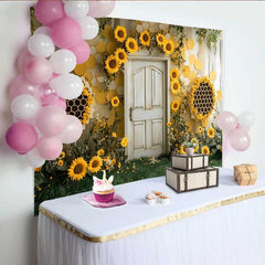 Lofaris Photography Backdrop, Sunflower Honeycomb Bee Theme Rustic Door Cake Smash
