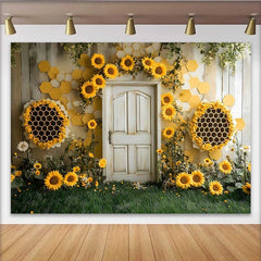 Lofaris Photography Backdrop, Sunflower Honeycomb Bee Theme Rustic Door Cake Smash