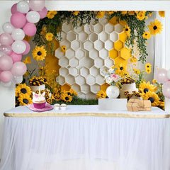 Lofaris Photography Backdrop, White Honeycomb Wall Sunflower Floral Cake Smash Decor