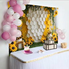 Lofaris Photography Backdrop, White Honeycomb Wall Sunflower Floral Cake Smash Decor