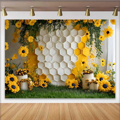 Lofaris Photography Backdrop, White Honeycomb Wall Sunflower Floral Cake Smash Decor