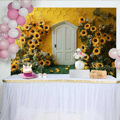 Lofaris Photography Backdrop, Sunflower Honeycomb Yellow Wall White Door Cake Smash Prop