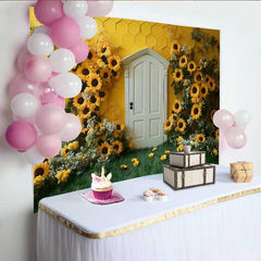 Lofaris Photography Backdrop, Sunflower Honeycomb Yellow Wall White Door Cake Smash Prop