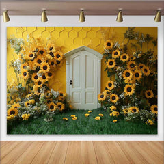 Lofaris Photography Backdrop, Sunflower Honeycomb Yellow Wall White Door Cake Smash Prop