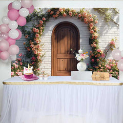 Lofaris Photography Backdrop, Spring Rustic Wooden Door Pink Rose Floral Arch Decoration