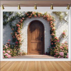 Lofaris Photography Backdrop, Spring Rustic Wooden Door Pink Rose Floral Arch Decoration