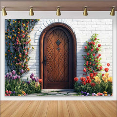 Lofaris Photography Backdrop, Spring Colorful Tulips Wooden Door Rustic Garden Background
