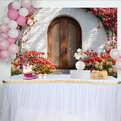 Lofaris Photography Backdrop, Spring Red Tulip Garden Rustic Wooden Arch Door Decoration