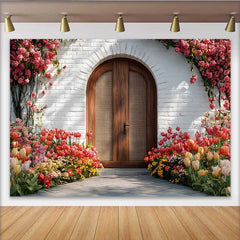 Lofaris Photography Backdrop, Spring Red Tulip Garden Rustic Wooden Arch Door Decoration