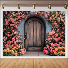 Lofaris Photography Backdrop, Spring Pink Floral Rustic Wooden Door Enchanted Garden Prop