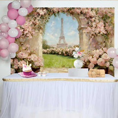 Lofaris Photography Backdrop, Paris Eiffel Tower Spring Pink Rose Oil Painting Style Decor
