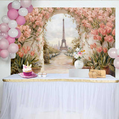 Lofaris Photography Backdrop, Paris Eiffel Tower Pink Tulip Floral Arch Vintage Painting