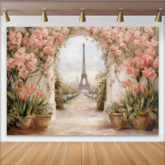 Lofaris Photography Backdrop, Paris Eiffel Tower Pink Tulip Floral Arch Vintage Painting