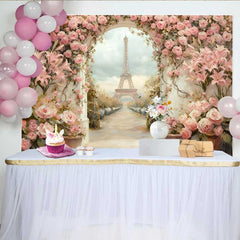 Lofaris Photography Backdrop, Paris Eiffel Tower Pink Lily Floral Garden Painting Style