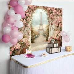 Lofaris Photography Backdrop, Paris Eiffel Tower Pink Lily Floral Garden Painting Style