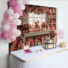 Lofaris Valentine's Day Backdrop, Pink Floral Teddy Bear Window Gift Shop Decoration