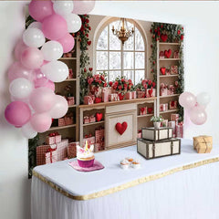 Lofaris Valentine's Day Backdrop, Red Hearts Roses Gingham Gifts White Cabinet Decor