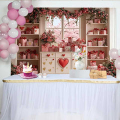 Lofaris Valentine's Day Backdrop, Pink Cherry Blossom Window Red Heart Cabinet Prop