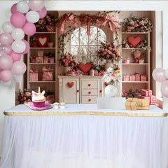 Lofaris Valentine's Day Backdrop, Pink Bows Red Hearts White Cabinet Floral Window